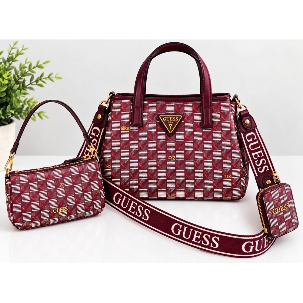 Guess G Wave Mini Tote Bag Set Burgundy Logo Print Crossbody with Pouch